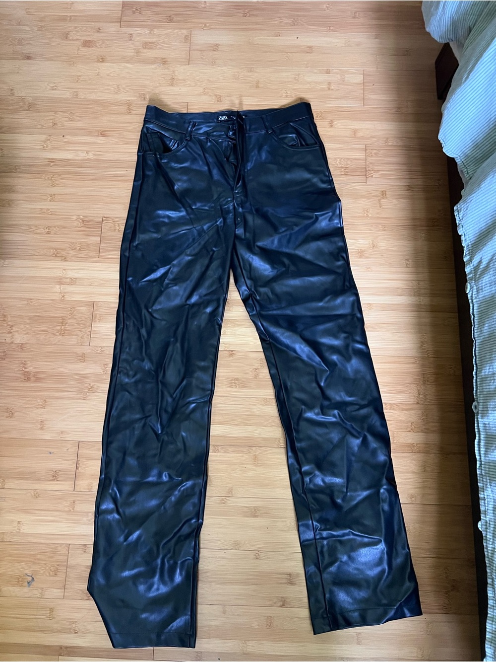 Zara Black Faux Leather Straight-Leg Jeans
